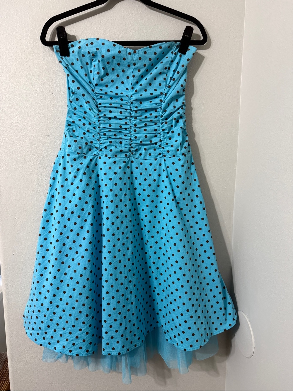 Vintage Y2K Strapless Teal Blue Brown Polka Dot Ruched A-Line Dress Size 7